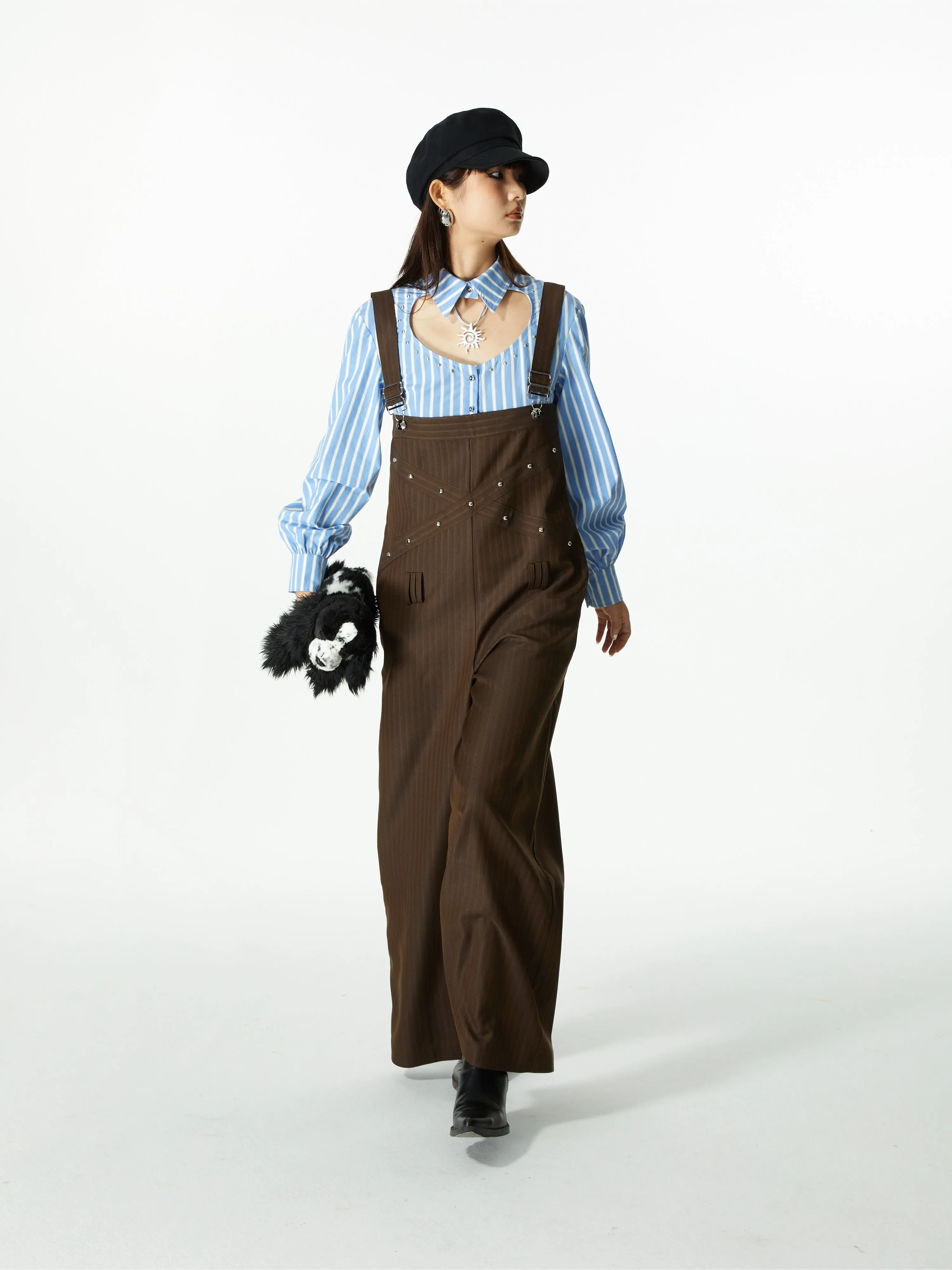 Wide-Pants Loose Casual Stripe Overall