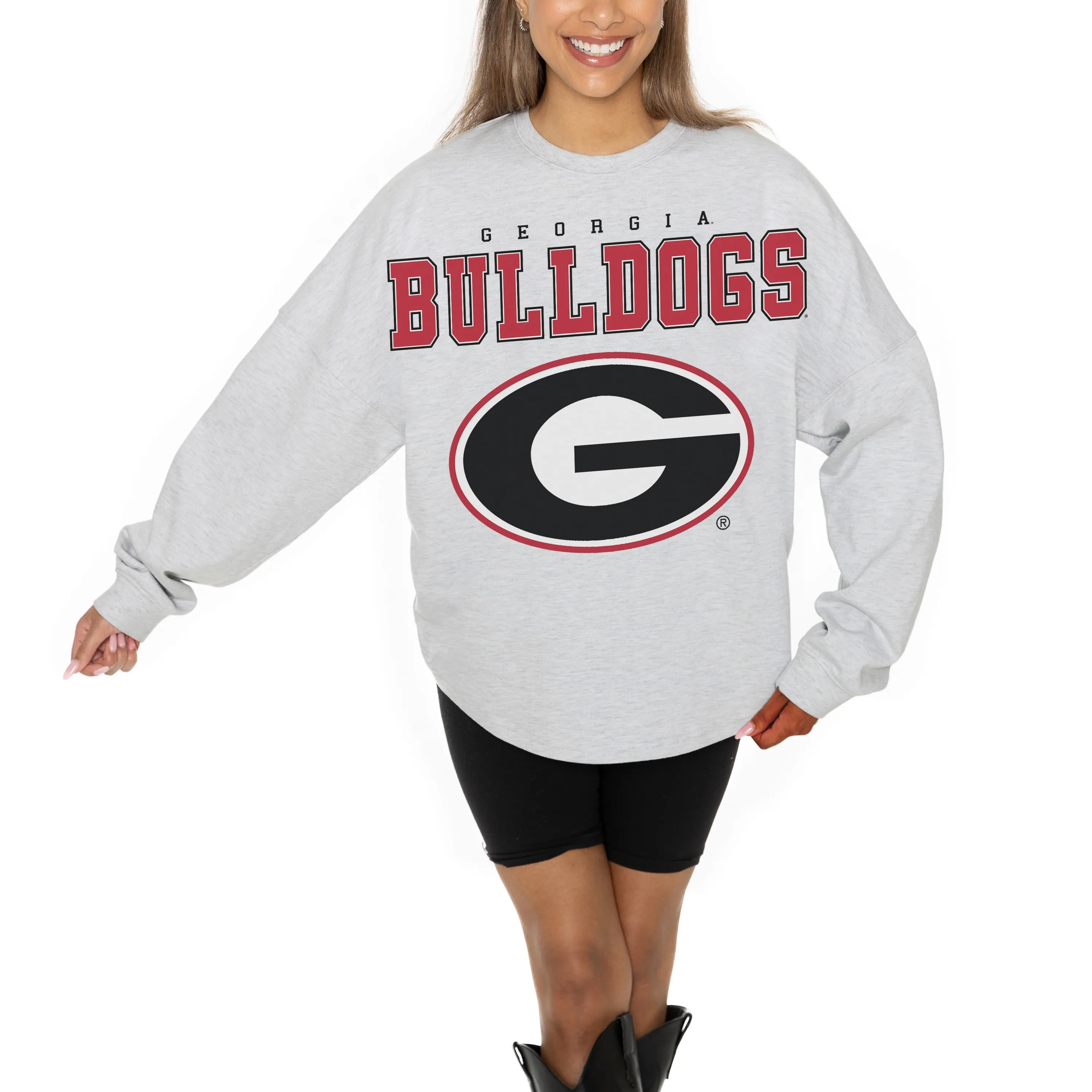 Women's Gameday Couture Ash Georgia Bulldogs Big Goals Relaxed Fit French Terry Pullover Sweatshirt