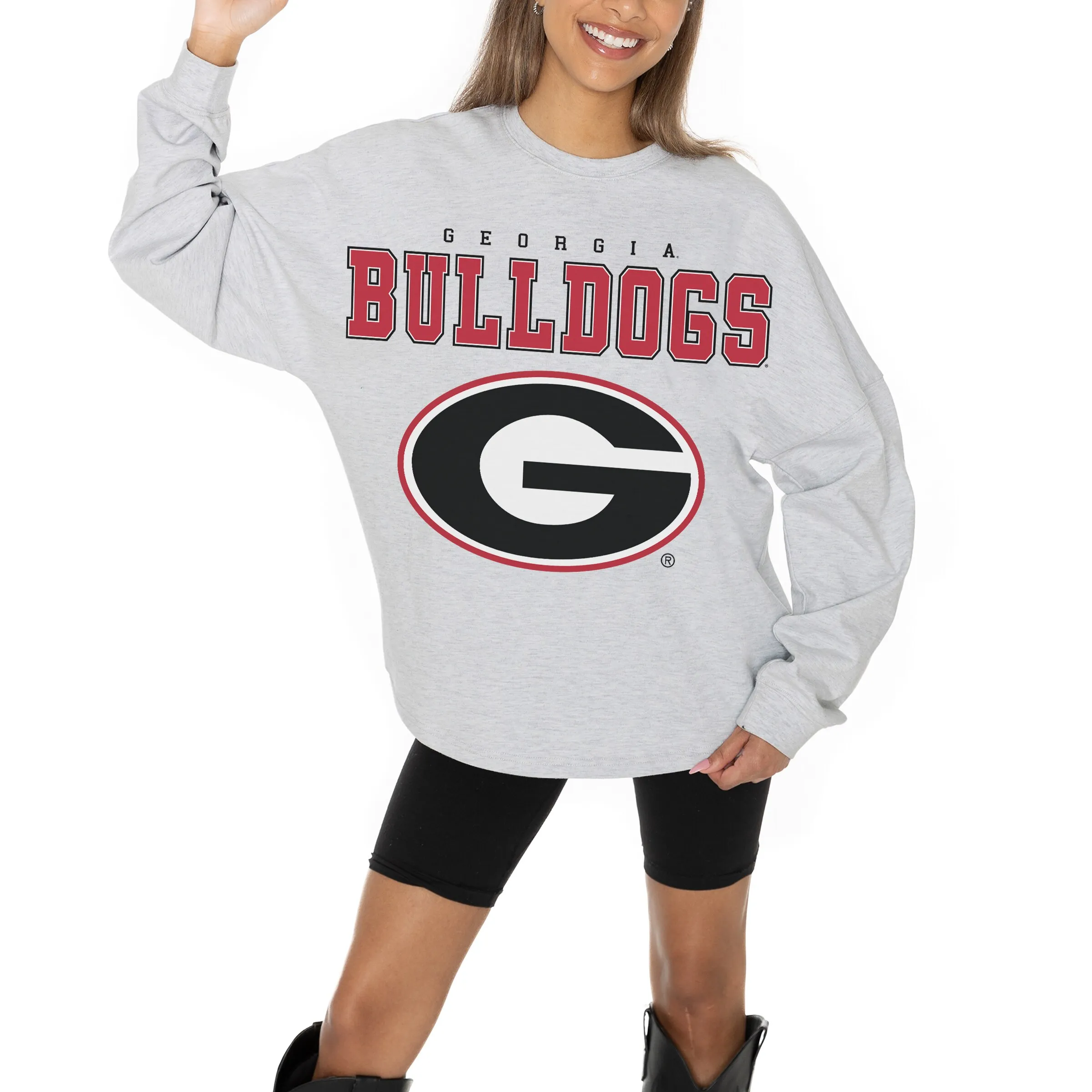 Women's Gameday Couture Ash Georgia Bulldogs Big Goals Relaxed Fit French Terry Pullover Sweatshirt