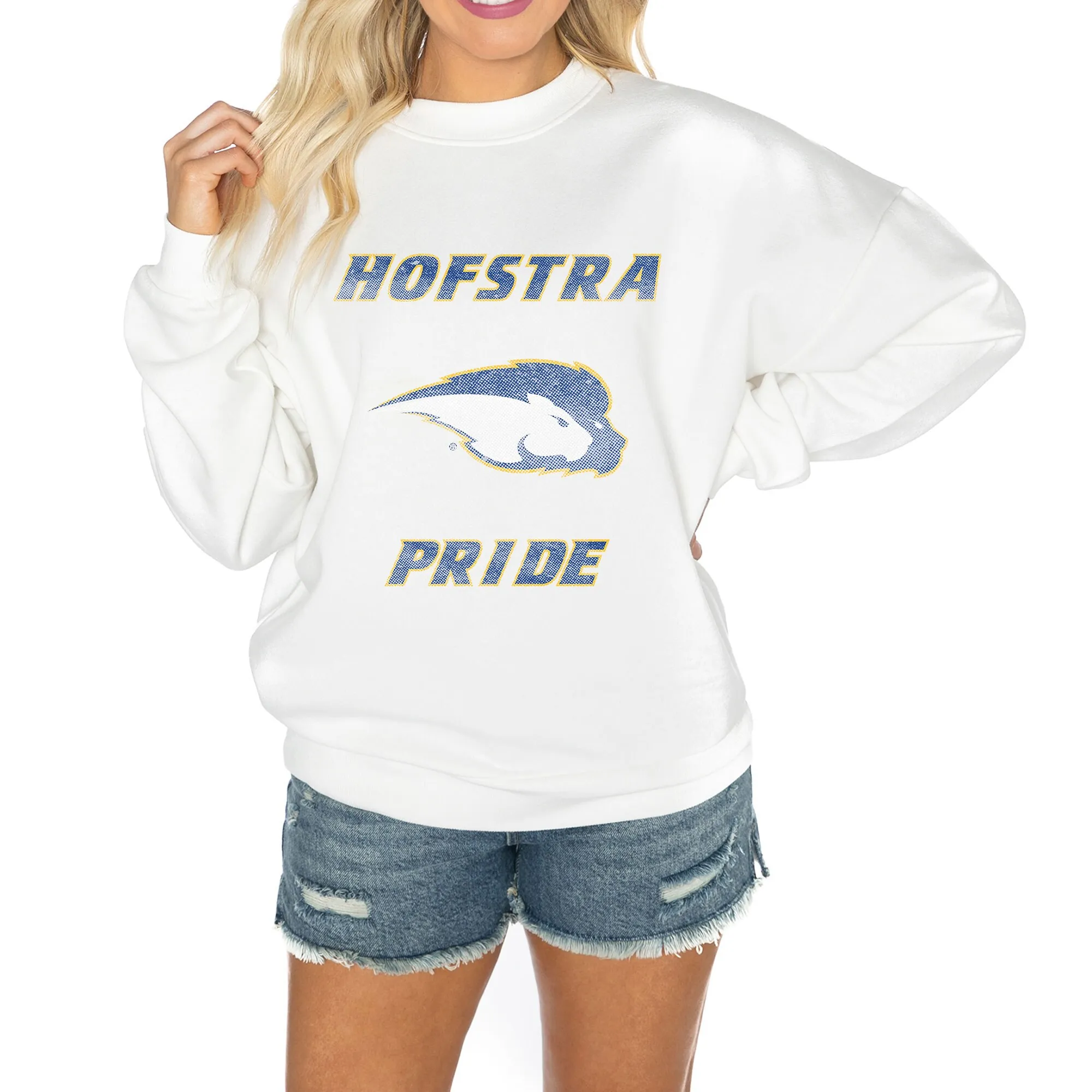 Women's Gameday Couture White Hofstra University Pride Good Vibes Premium Fleece Drop Shoulder Pullover Sweatshirt