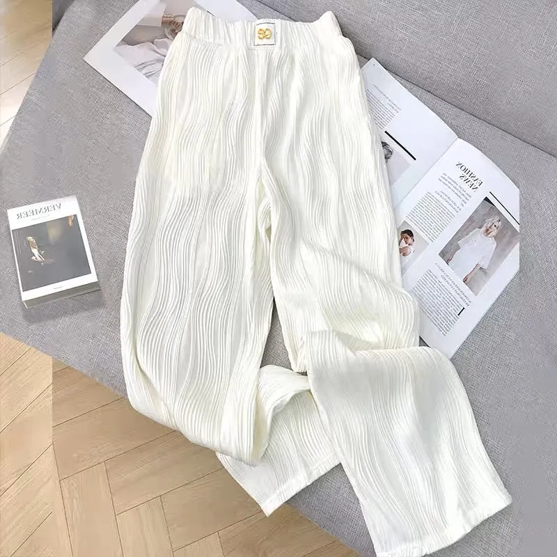 YLSZ customization ~ white wide-leg pants summer high-waist elastic drape water ripple straight nine-point casual pants ice silk