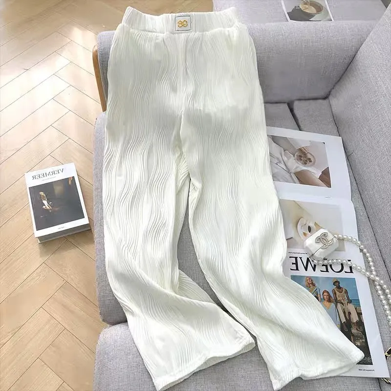 YLSZ customization ~ white wide-leg pants summer high-waist elastic drape water ripple straight nine-point casual pants ice silk