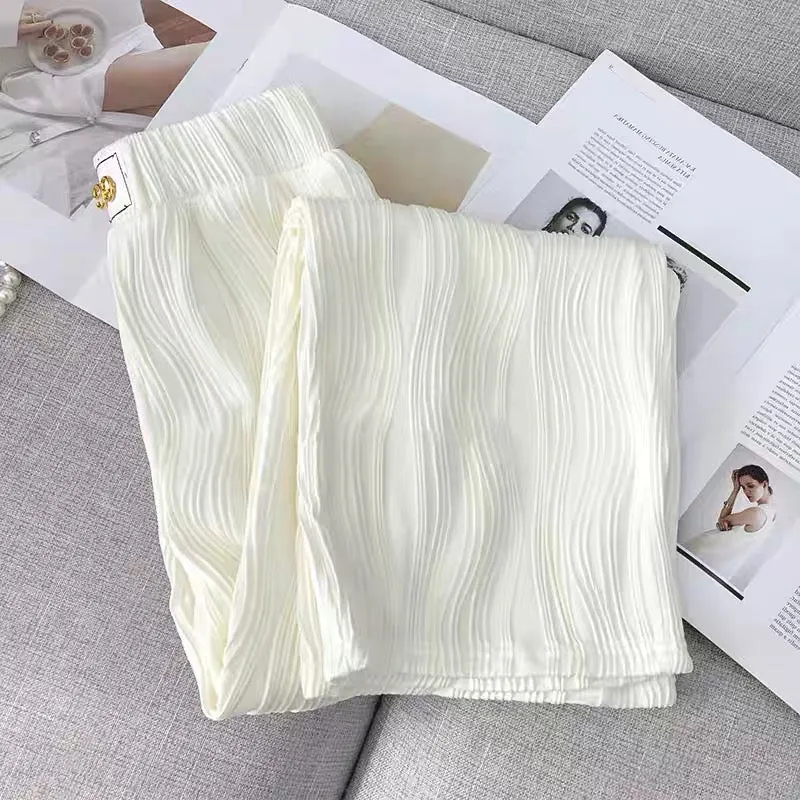 YLSZ customization ~ white wide-leg pants summer high-waist elastic drape water ripple straight nine-point casual pants ice silk